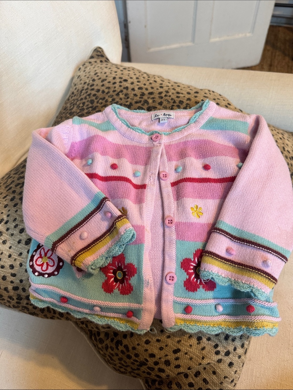 Le Top Pink Floral Stripe Knit Cardigan with Aqua Accents